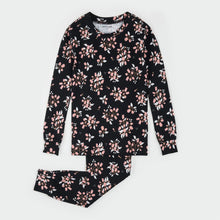 Load image into Gallery viewer, Petit Lem Girls Vintage Rosebud Print on Black LunaKnit PJ Set