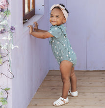 Load image into Gallery viewer, Petit Lem Firsts Baby Girls Tulips Print on Sea Blue Bubble Romper