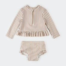 Load image into Gallery viewer, Petit Lem Baby Girls Taupe Stripe Seersucker Long-Sleeve Rashguard Set