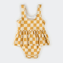 Load image into Gallery viewer, Petit Lem Girls Yellow Checkerboard Skirted Swimsuit