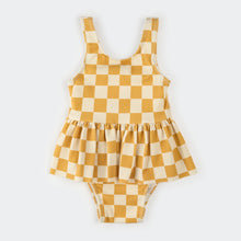 Load image into Gallery viewer, Petit Lem Girls Yellow Checkerboard Skirted Swimsuit