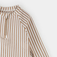 Load image into Gallery viewer, Petit Lem Baby Seersucker Taupe Stripe & Sand Baby Rashguard Set