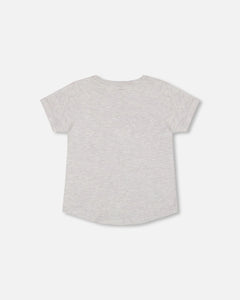 deux par deux Boys Organic Cotton T-Shirt - Dino Print Light Gray Mix