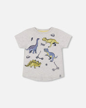 Load image into Gallery viewer, deux par deux Boys Organic Cotton T-Shirt - Dino Print Light Gray Mix
