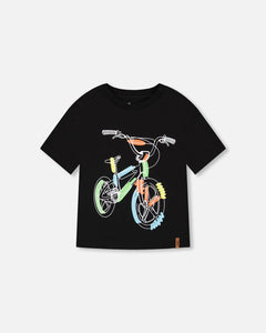 deux par deux Boys Organic Jersey Drop Shoulder T-Shirt - Black with Bicycle Print