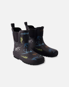 deux par deux Short Rain Boots - Black Printed Dinos Skeletons