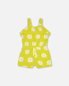 deux par deux Girls Terry Cloth Jumpsuit - Yellow Printed Daisies