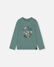 Load image into Gallery viewer, deux par deux Girls Organic Cotton T-Shirt - Sage With Cat