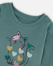Load image into Gallery viewer, deux par deux Girls Organic Cotton T-Shirt - Sage With Cat