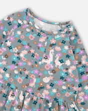 Load image into Gallery viewer, deux par deux Girls Half Button Organic Cotton Dress Blue Llama Print
