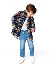 Load image into Gallery viewer, deux par deux Boys Sherpa Long Sleeve Zip Front Overshirt - Blue And Brown Plaid