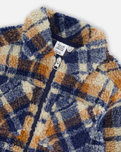 Load image into Gallery viewer, deux par deux Boys Sherpa Long Sleeve Zip Front Overshirt - Blue And Brown Plaid
