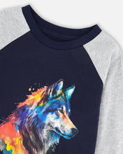 Load image into Gallery viewer, deux par deux Boys Long Raglan Sleeve Jersey Wolf Tee - Navy Blue