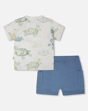 Load image into Gallery viewer, deux par deux Baby Boys Jersey T-Shirt And Organic Cotton Jersey Shorts Set - Grey Mix Turtle Print And Medium Blue