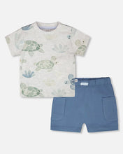 Load image into Gallery viewer, deux par deux Baby Boys Jersey T-Shirt And Organic Cotton Jersey Shorts Set - Grey Mix Turtle Print And Medium Blue