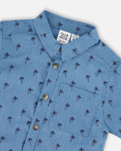 Load image into Gallery viewer, deux par deux Boys Short Sleeve Chambray Shirt - Blue Palm Print