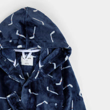 Load image into Gallery viewer, Petit Lem Daisy Hockey Sticks Print on Navy Blue Plush Hooded Robe