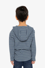 Load image into Gallery viewer, deux par deux Boys Striped Brushed Jersey Hooded T-Shirt - Blue And White