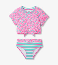 Load image into Gallery viewer, Hatley Girls Pink Floral Stripes Tie-Front Two-Piece Swimsuit