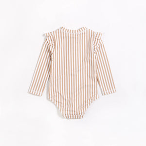 Petit Lem Girls Taupe Striped Long Sleeve One-Piece Swimsuit