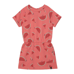 deux par deux Girls French Terry Short Sleeve Raglan Dress - Coral Watermelon