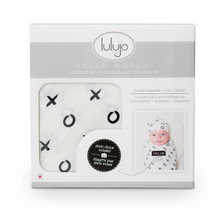 Load image into Gallery viewer, Lulujo Hello World Blanket and Knotted Hat