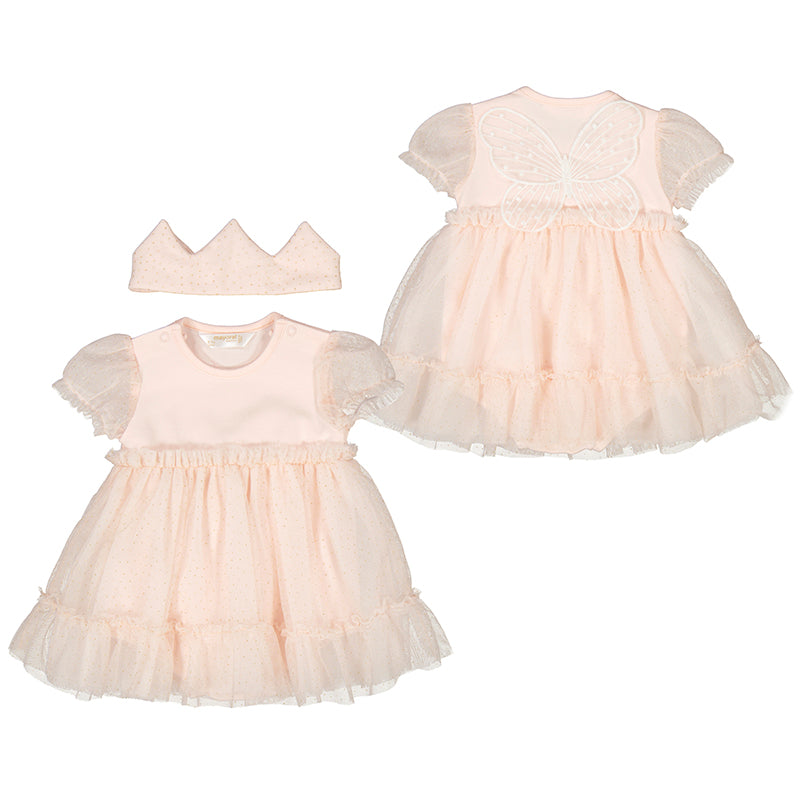 Mayoral Baby Girl Romper Tulle Dress with Crown Headband - Nude Pink