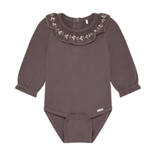 Load image into Gallery viewer, Minymo Baby Girls Long Sleeve Ruffle Neck Bodysuit - Plum Truffle
