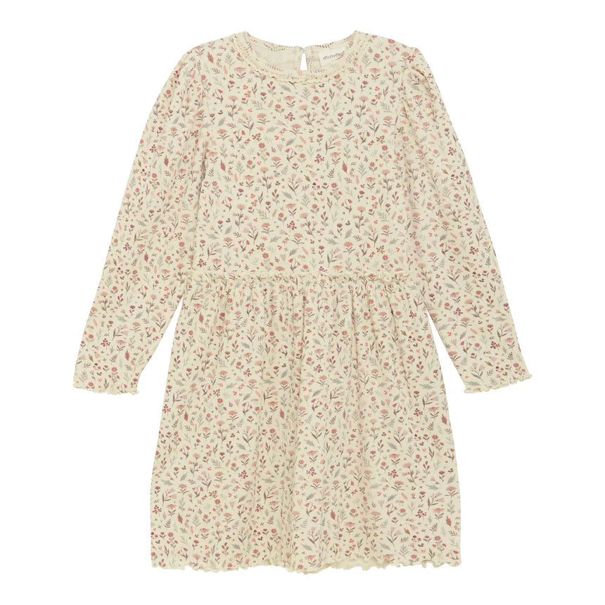 Minymo Girls Long Sleeve Ribbed Floral Dress - Sandshell