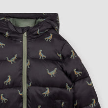 Load image into Gallery viewer, Miles the Label Boys T-Rex Print on Black Hooded Packable Jacket
