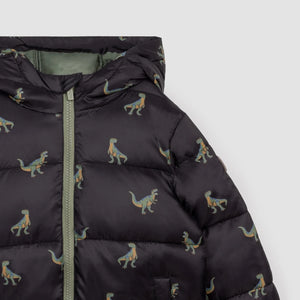 Miles the Label Boys T-Rex Print on Black Hooded Packable Jacket