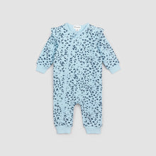 Load image into Gallery viewer, Miles the Label Baby Leopard Print on Angel Blue Ruffled Fleece Playsuit
