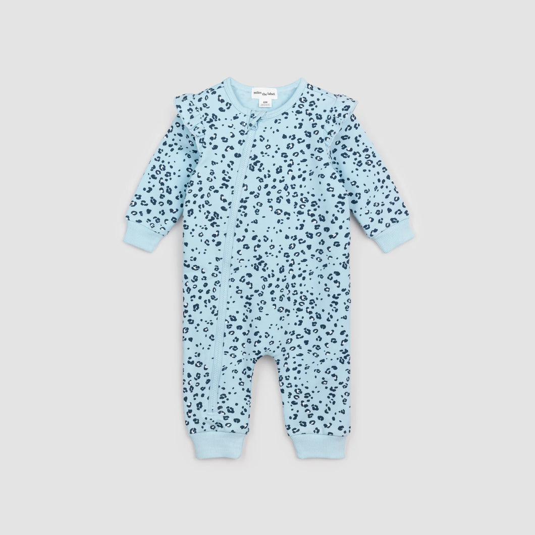 Miles the Label Baby Leopard Print on Angel Blue Ruffled Fleece Playsuit