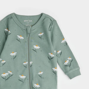 Petit Lem Baby Girls Daisies Print on Iceberg Green Sleeper