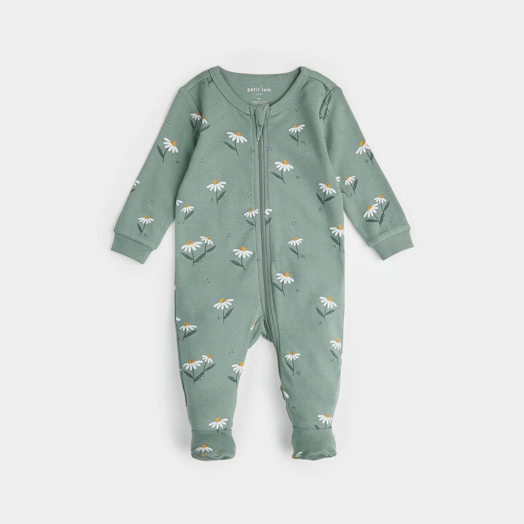 Petit Lem Baby Girls Daisies Print on Iceberg Green Sleeper
