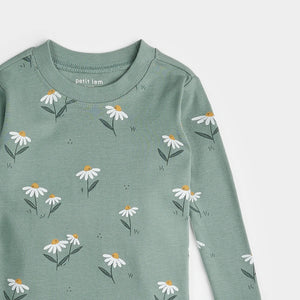 Petit Lem Girls Daisies Print on Iceberg Green PJ Set