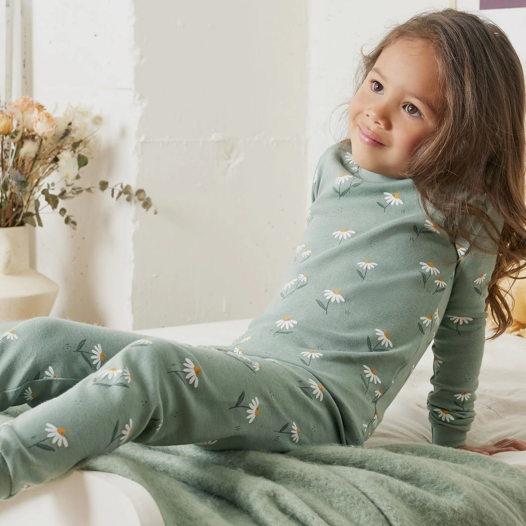 Petit Lem Girls Daisies Print on Iceberg Green PJ Set