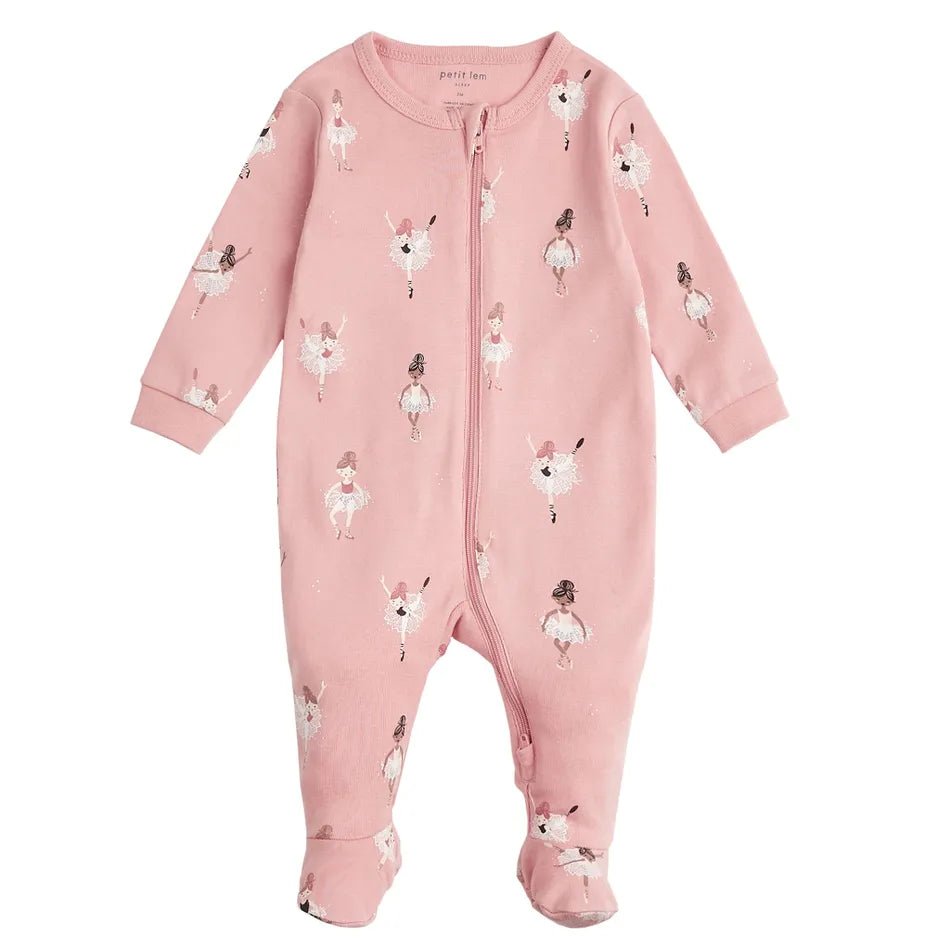 Petit Lem Baby Girls Ballerina Print on Pink Sleeper