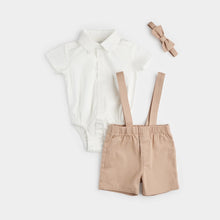 Load image into Gallery viewer, Petit Lem Firsts Baby Boys Poplin Shirt &amp; Suspender Shorts Set with Bowtie
