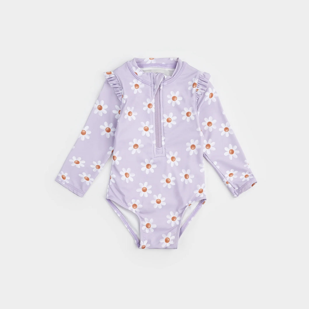 Petit Lem Baby Girls Daisy Print On Lavender Long-Sleeve Swimsuit
