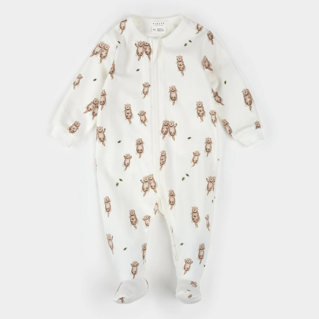 Petit Lem Baby Otter Print on Off-White Sleeper