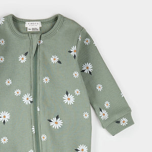 Petit Lem Baby Girls Daisy Print on Sage Green Sleeper