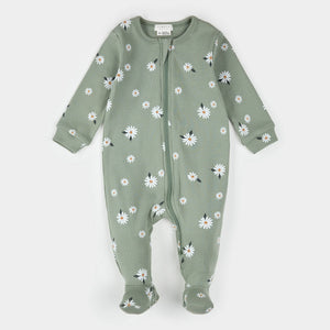 Petit Lem Baby Girls Daisy Print on Sage Green Sleeper