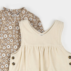 Petit Lem Baby Girls Daisy Print Overall Corduroy Dress Set