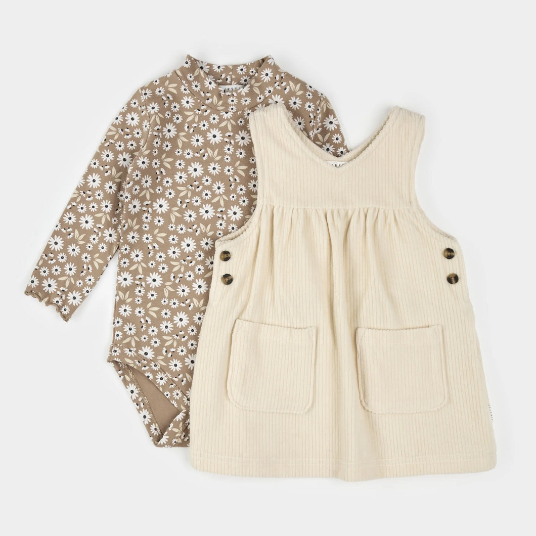Petit Lem Baby Girls Daisy Print Overall Corduroy Dress Set