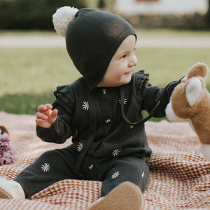 Petit Lem Baby Girls Daisy Print on Dark Grey Sweater Knit Playsuit