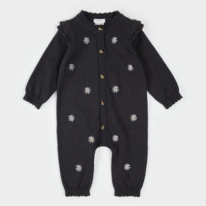 Petit Lem Baby Girls Daisy Print on Dark Grey Sweater Knit Playsuit