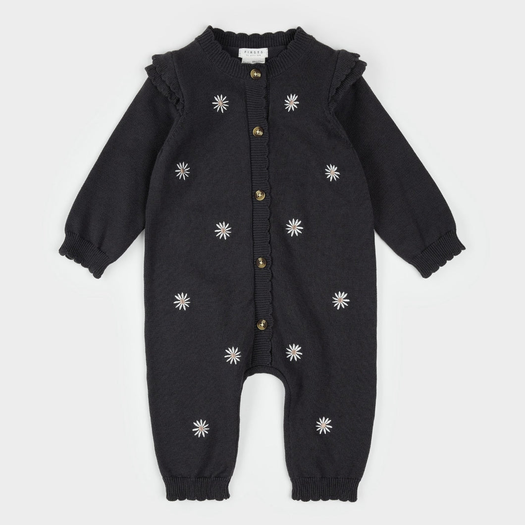Petit Lem Baby Girls Daisy Print on Dark Grey Sweater Knit Playsuit