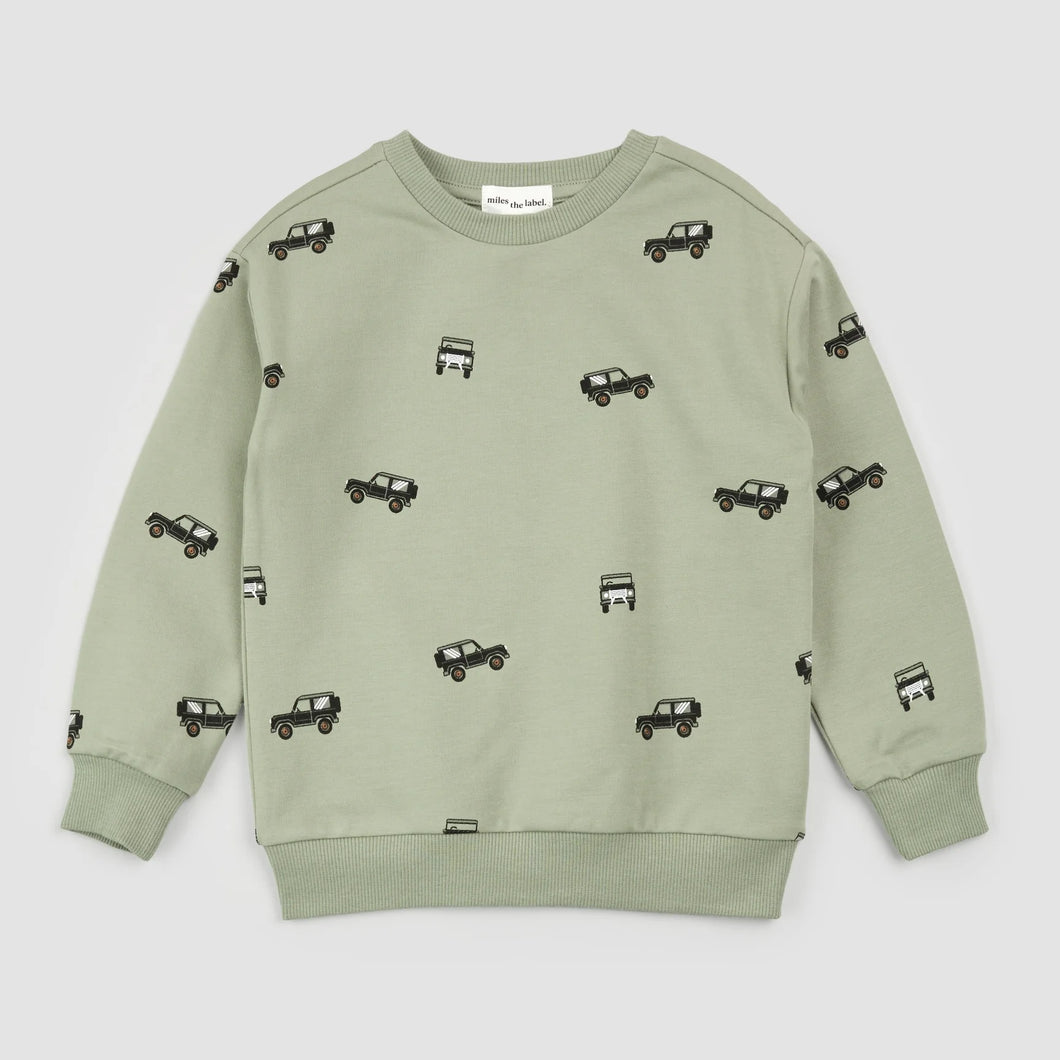 Miles the Label Boys Off Roading Print on Sage Sweatshirt