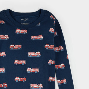 Petit Lem Boys Fire Truck Print on Navy Blue PJ Set